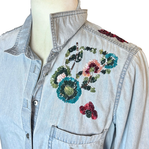 Zara denim shirt w/floral sequins